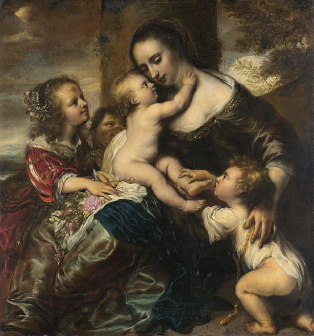 一位有四个孩子的妇女的肖像，被描绘为明爱