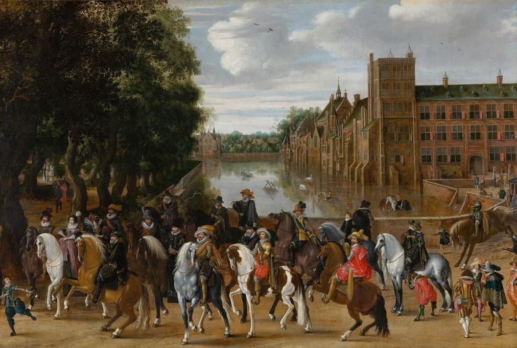 奥兰治王子和他们的家人骑着马，从海牙的Buitenhof出发