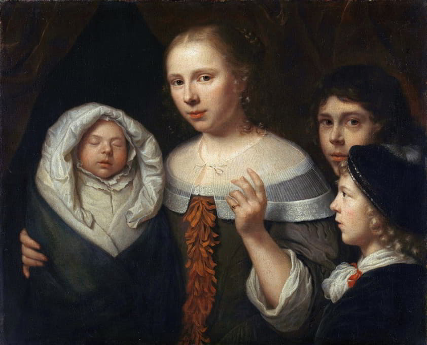 一位带着三个孩子的年轻女子的画像