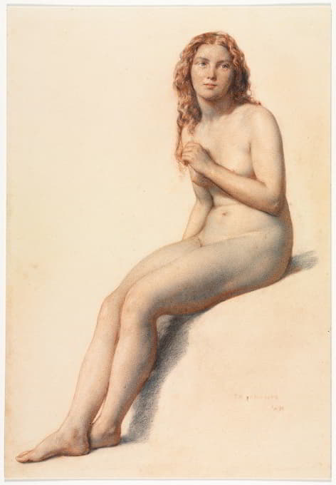 女性裸体，坐姿，正面四分之三视图