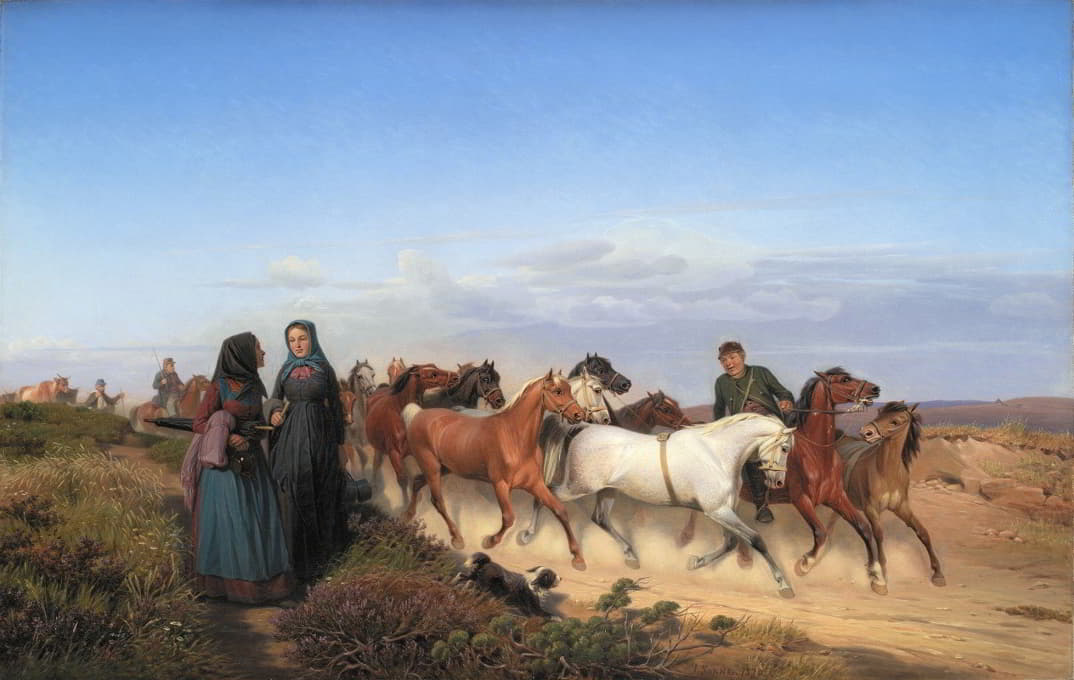 Jyske农民带着他们的马从市场回家