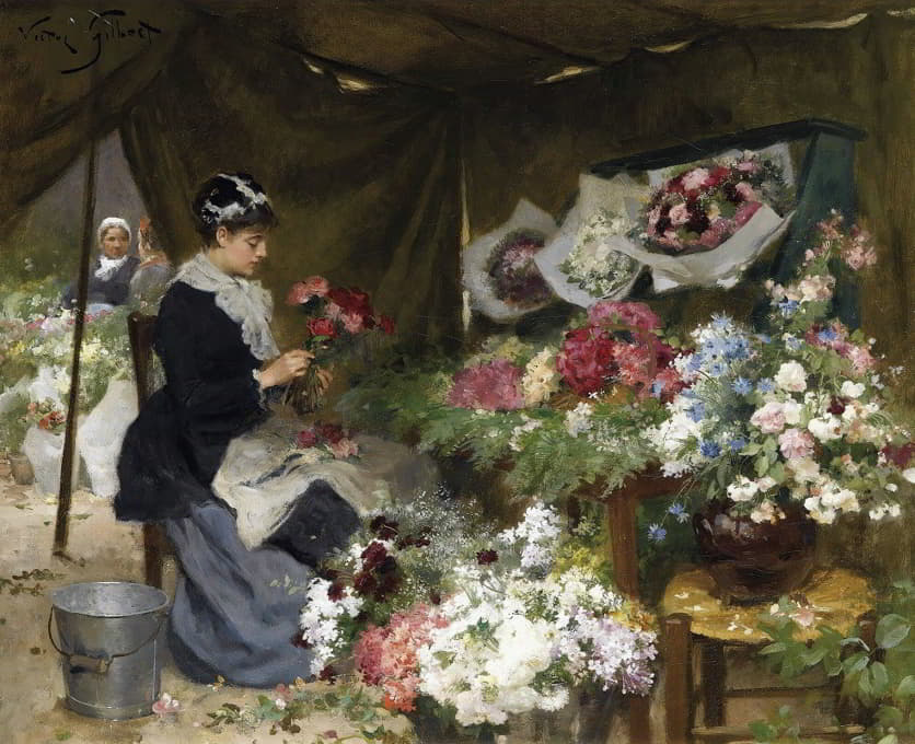 Victor Gabriel Gilbert - A Flower Seller Making Her Bouquets