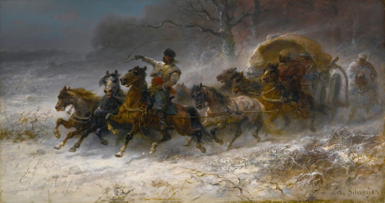 Adolf Schreyer - Wallachians On The Move In A Winter Landscape