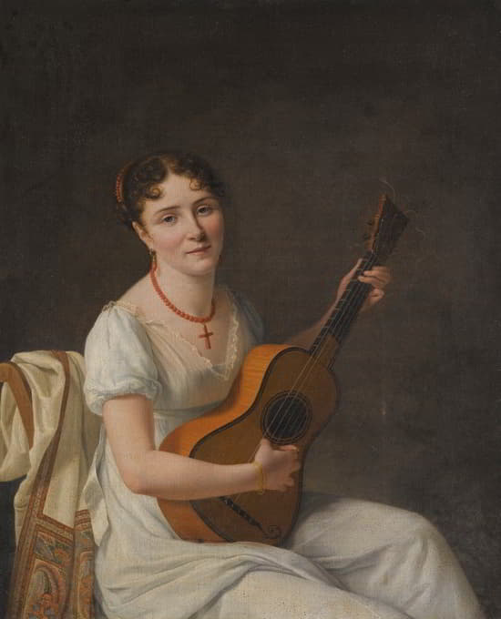 一位女士的肖像，坐在室内，穿着白色连衣裙，弹吉他