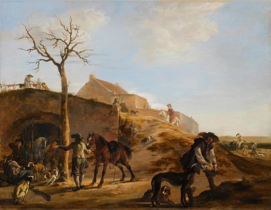 一幅由运动员准备狩猎的风景画，还有他们的猎犬和马
