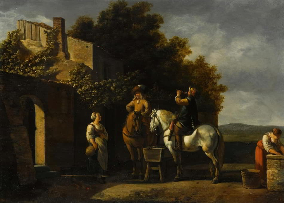 Gerrit Berckheyde - Cavaliers On Horseback Resting Outside An Inn With A Courtyard Beyond