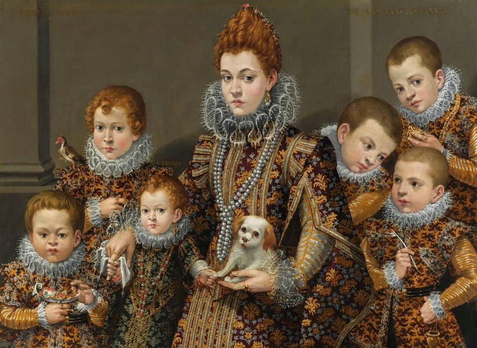 Bianca Degli Utili Maselli的画像，她抱着一条狗，周围有六个孩子