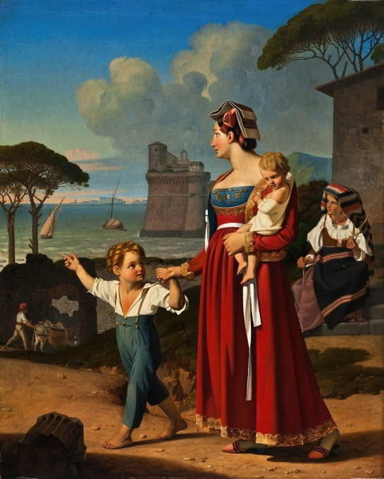 N.P. Holbech - A Young Italian Woman With Her Children And An Old Woman Spinning, Nettuno