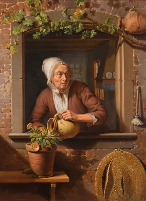 一位农妇在木桌上给花盆浇水，背景是她家的内部景色