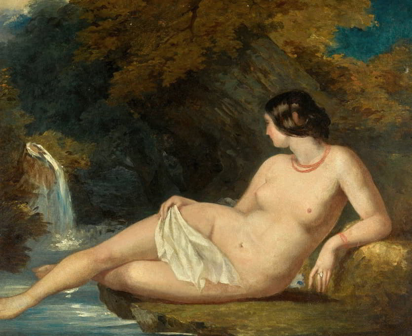 躺在瀑布边的裸体女性