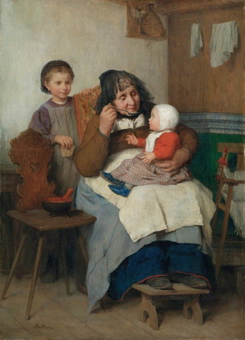 Albert Anker - Grandmother Spooning The Soup To Her Grandchild