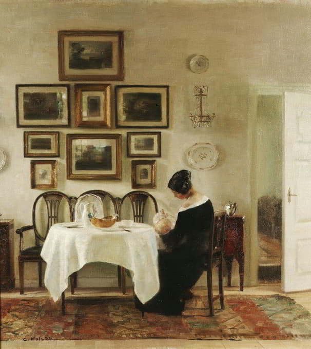 Carl Holsøe - Mother And Child In A Dining Room Interior
