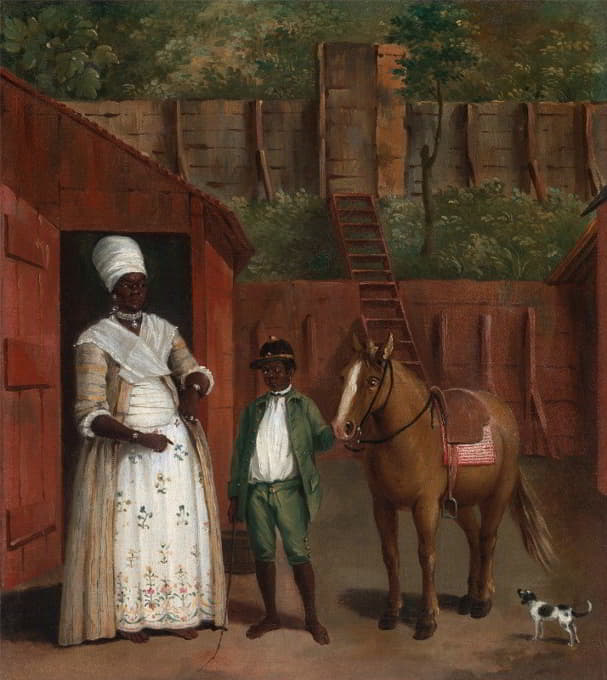 一位母亲带着她的儿子和一匹小马