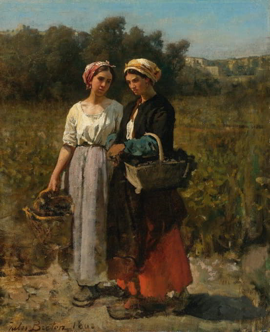 Jules Breton - Two Young Women Picking Grapes (Study For The Vintage At Château Lagrange)