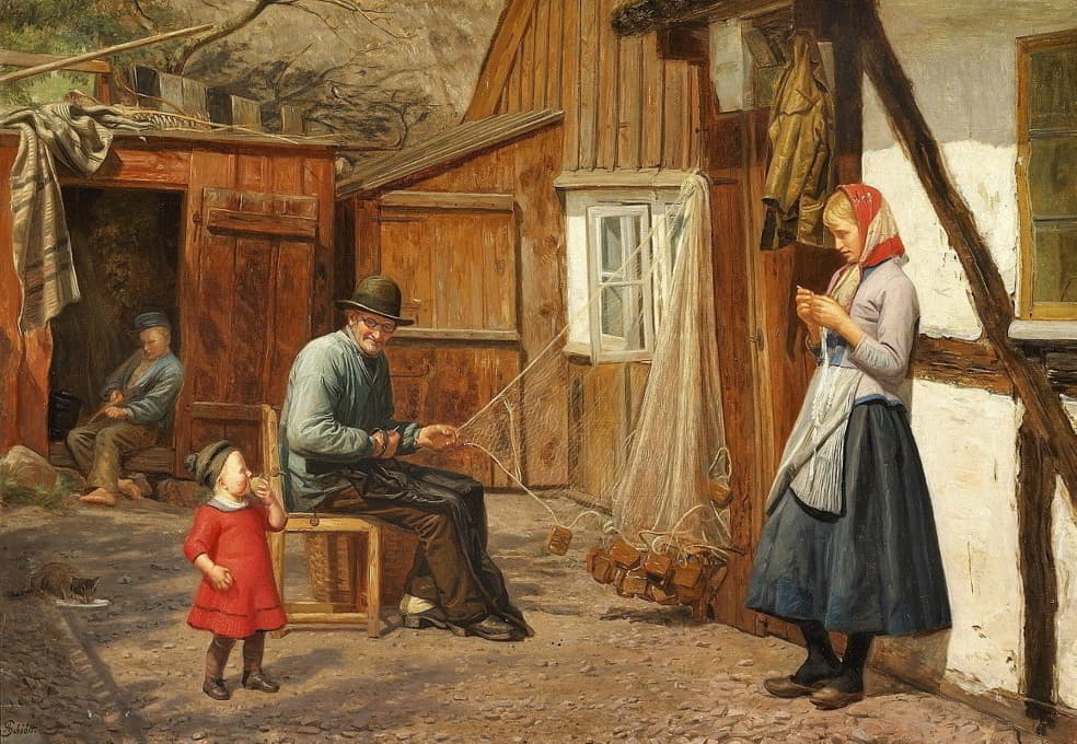 一个年轻女孩正在与一个在屋外装纱线的渔夫交谈