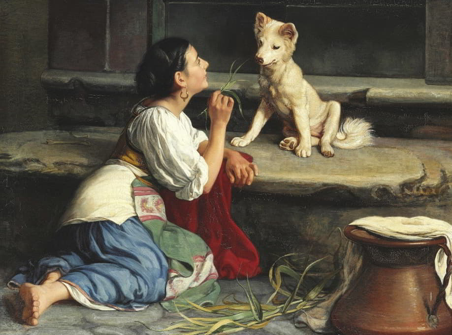 年轻的意大利女孩和一只狗玩耍