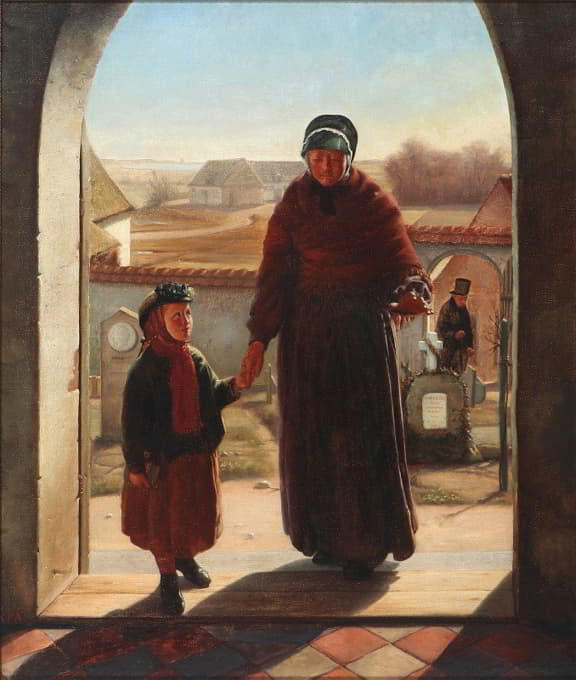 母亲和孩子在教堂入口处