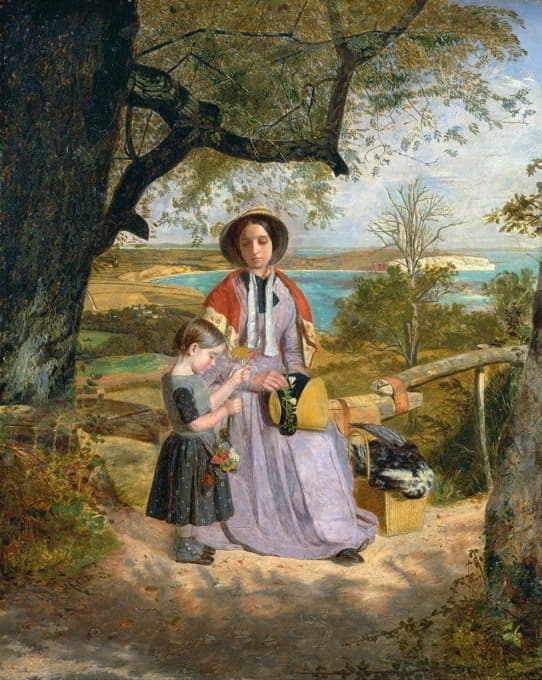 James Collinson - Mother and Child by a Stile, with Culver Cliff, Isle of Wight, in the Distance