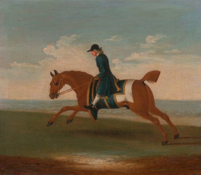 马的四幅肖像之一，一匹栗色的赛马，由穿着蓝色外套的驯马师操练——疾驰…