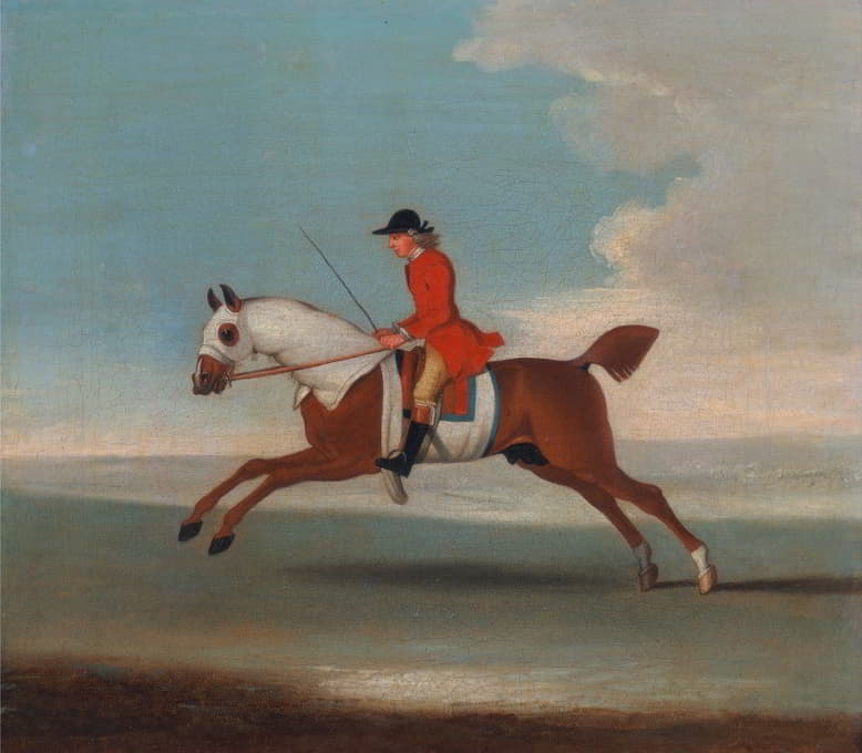 马的四幅肖像之一，一匹栗色赛马，由一位穿着红色外套的驯马师操练…