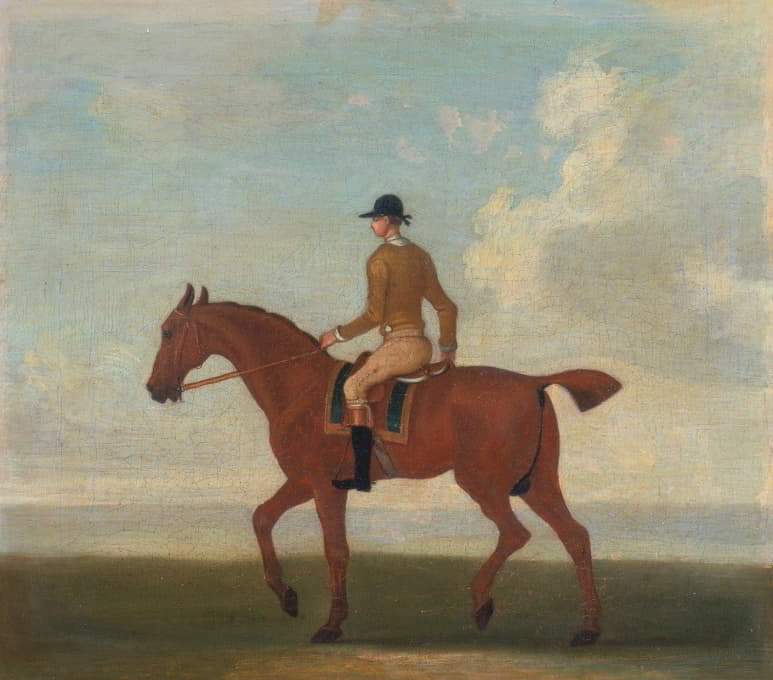 马的四幅肖像之一，一匹栗色赛马，骑师向上向左行走；骑师i…