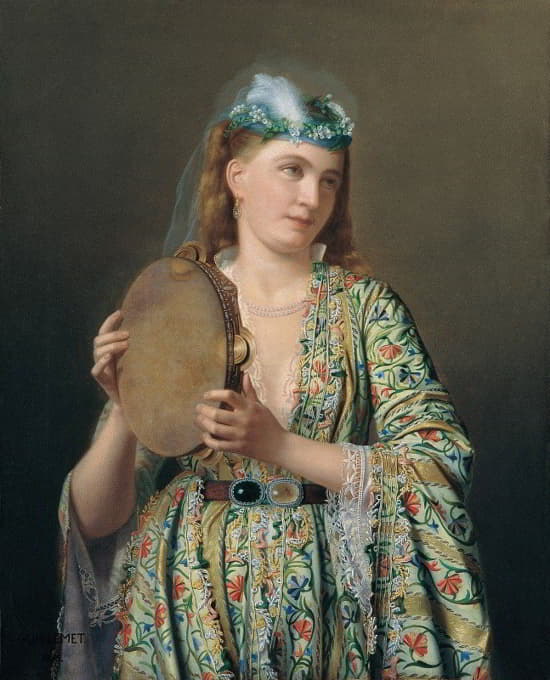 宫廷中一位女士演奏手鼓的肖像