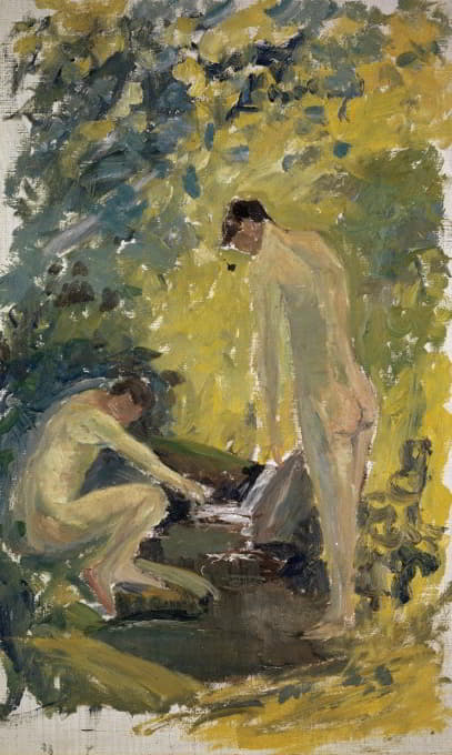 两个裸体的年轻人在树林里的一条河里