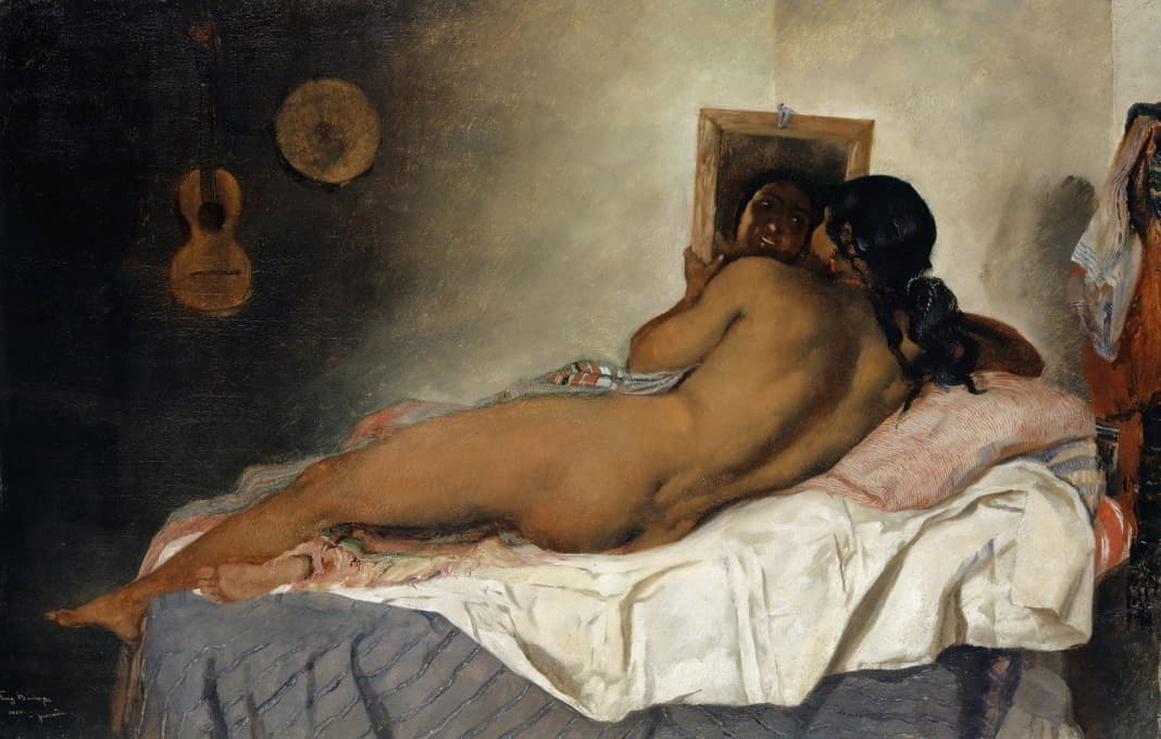 裸体的西班牙吉普赛女人与镜子