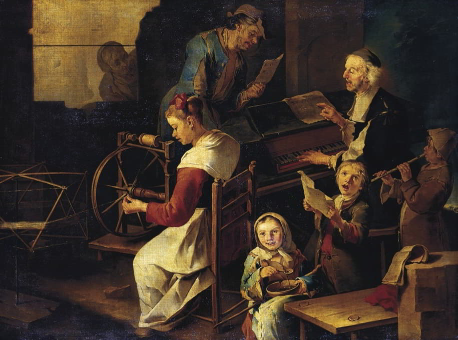 音乐家和妇女纺纱的家庭场景