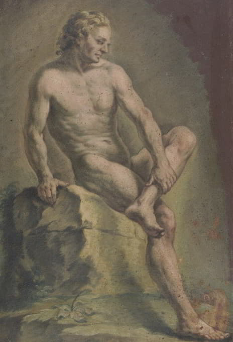 Josef Neher - Akt eines auf einem Stein sitzenden Mannes, nach rechts blickend