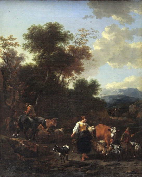 一条河边有牧羊人的意大利风景