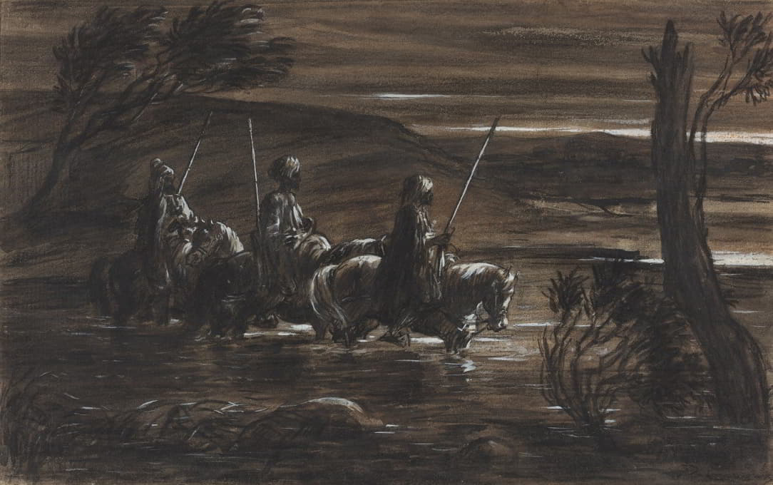 三名阿拉伯骑手过河