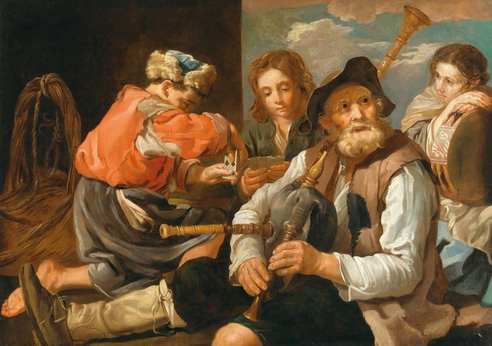 Follower of Eberhard Keil - Young Men Playing Cards And A Bagpipe Player; Allegory Of Hearing And Sight
