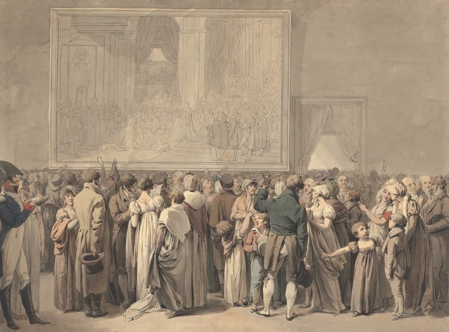 公众在卢浮宫的沙龙里观看“圣礼”的绘画