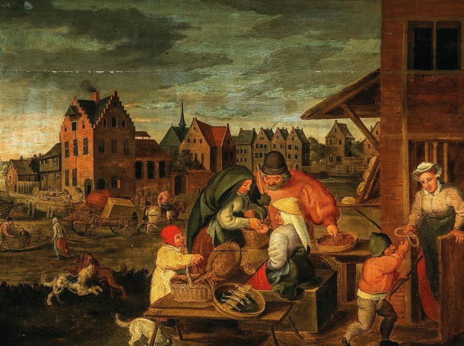 Marten van Cleve - A Townscape With Peasants At A Vendor’S Stall