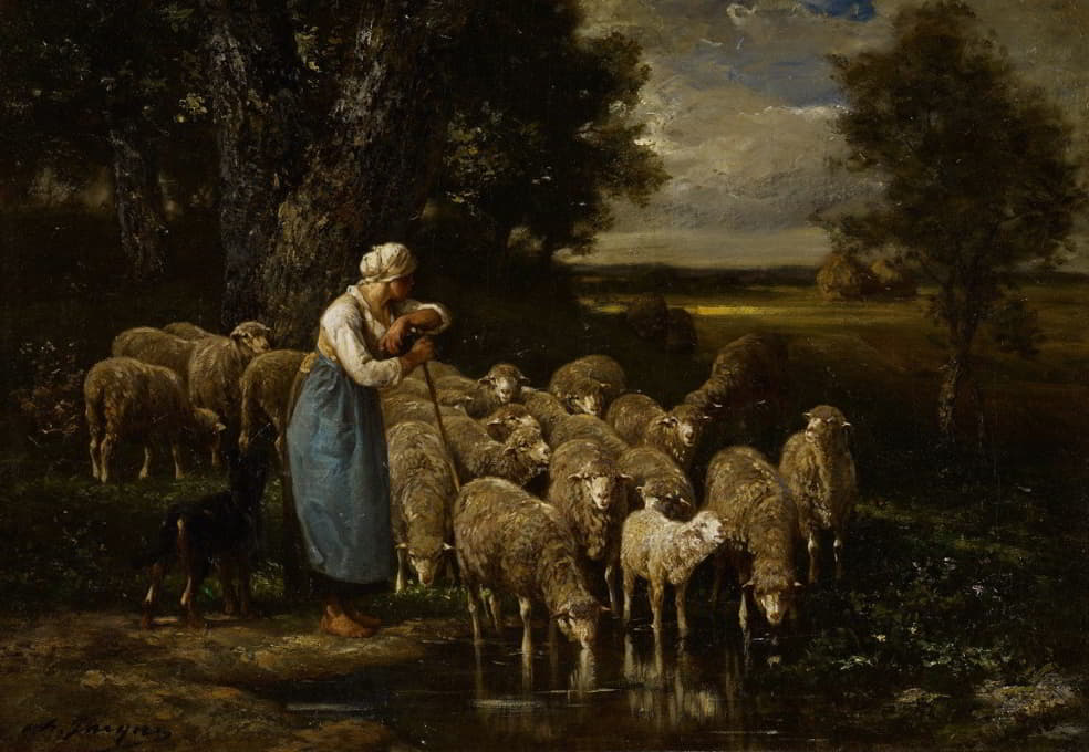 Charles Emile Jacque - Shepherdess and Sheep, Fontainebleau