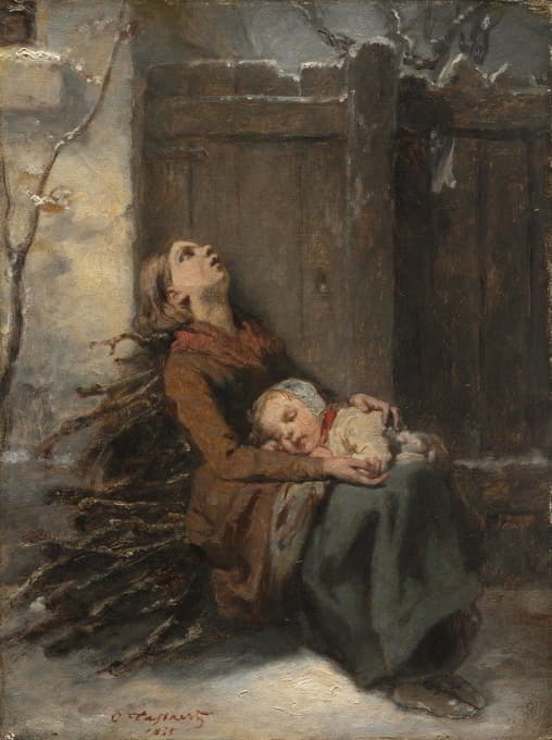 穷困潦倒的死去的母亲在冬天抱着她熟睡的孩子