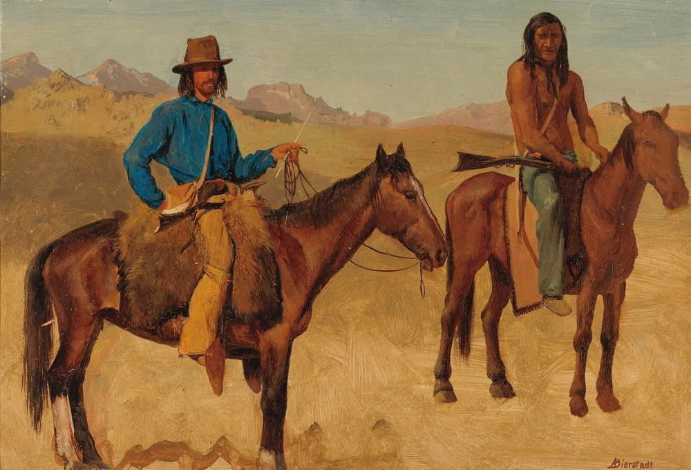 马背上的猎人和印第安人向导