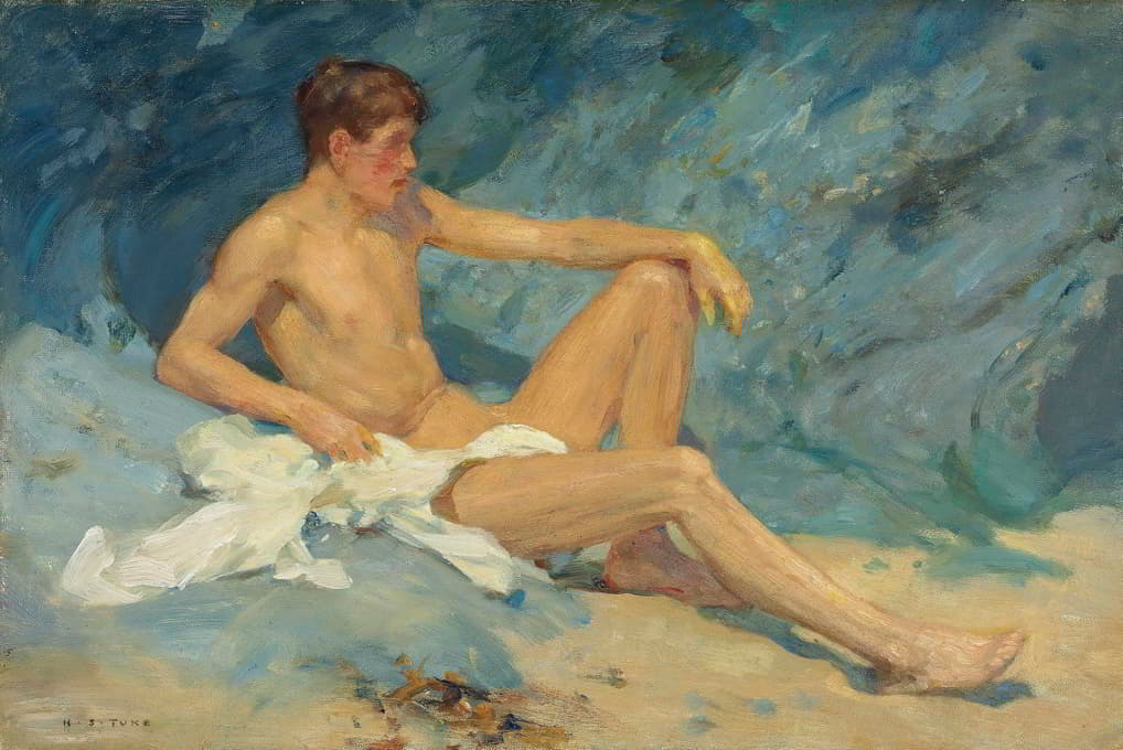 Henry Scott Tuke - A male nude reclining on rocks