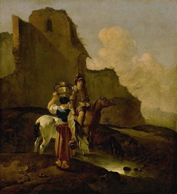 废墟附近有两个农民和两匹马的意大利风景