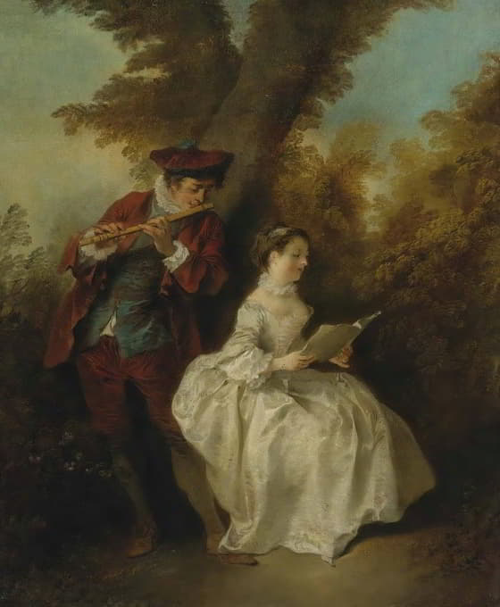 “乐多”，一个吹长笛的年轻人和一个在风景中唱歌的年轻女子