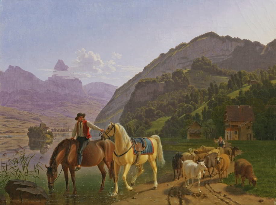 Johann Jakob Biedermann - Rider With Two Horses And Herd