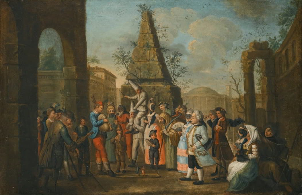 Circle of Marco Marcola - A Street Scene With Commedia Dell’arte Performers And Musicians Gathered Around Two Puppets, An Obelisk Beyond