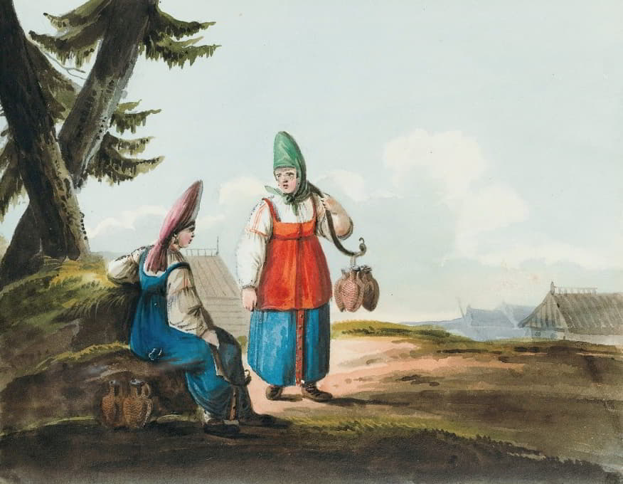 Karl Ivanovich Kollman - Two Peasant Women In Conversation