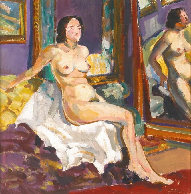 裸体坐在镜子旁