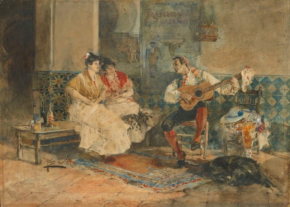 两个女人在室内听吉他手演奏