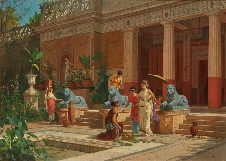 Luigi Bazzani - A fruit seller in the courtyard of a Pompeian villa