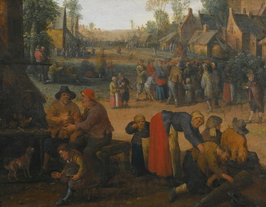 Cornelis Droochsloot - A village scene with numerous peasants and a travelling merchant