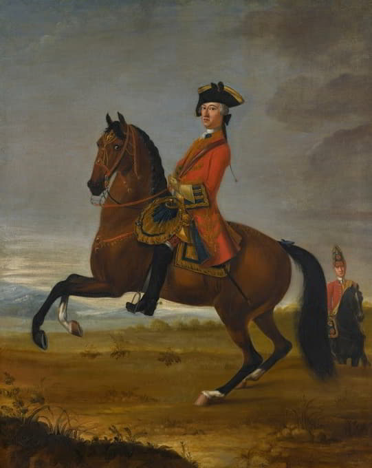 一幅骑术肖像画，画的是一名骑兵，右侧是一名骑兵，照片中的骑兵是第一批骑兵掷弹兵卫队的一名军官