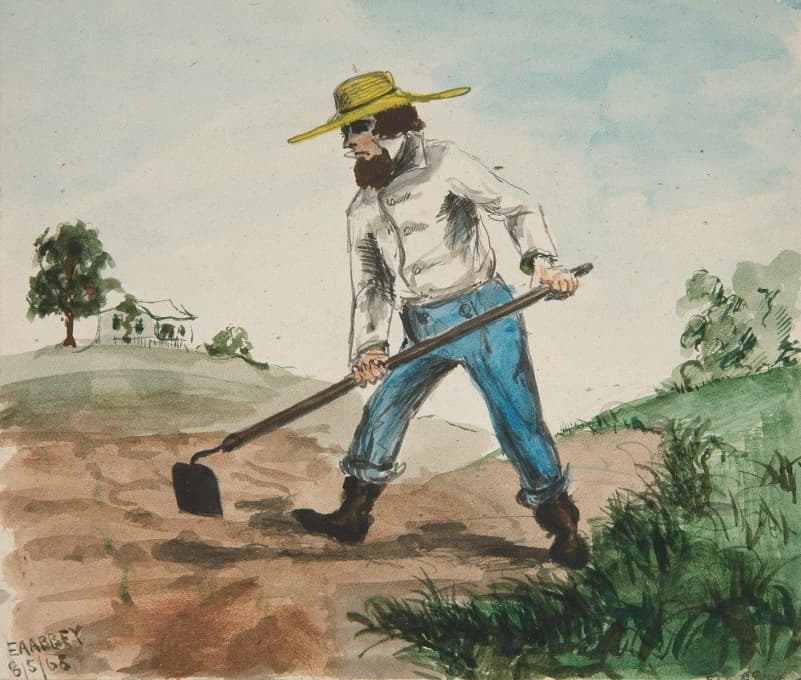 一名男子在花园锄地的不明插图（recto）；三人研究（verso）